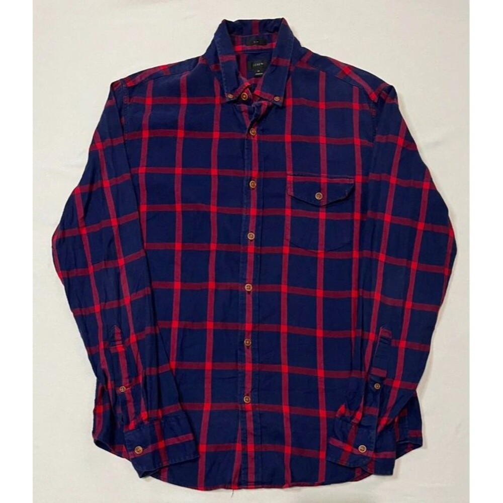 J.Crew Men's Slim Fit Plaid Checked Button Down Shirt Navy Red Size M